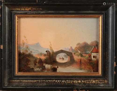 Unsigned. 19th century. River view with bridge building, many figures and home. Oil paint on