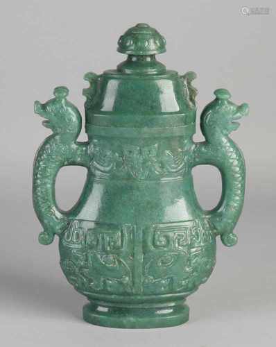 Chinese green jade-carved vase with dragons. Size: 21 x 15 x 4.5 cm. In good condition.