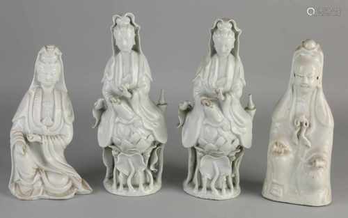 Four antique Chinese porcelain Quan Yin Blanc de Chine figures. Some damaged fingers. Size: 19-24