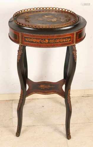 19th Century French floral table with marquetry and bronze. Cover damaged. Otherwise in good