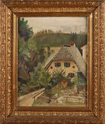 Unsigned. Circa 1900. German landscape with house. Oil on linen. Size: 28 x H, B 22 cm. In good