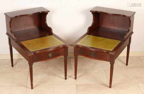 Two English-style furniture. Mahogany tables with leather-leaf + drawers. Second half 20th