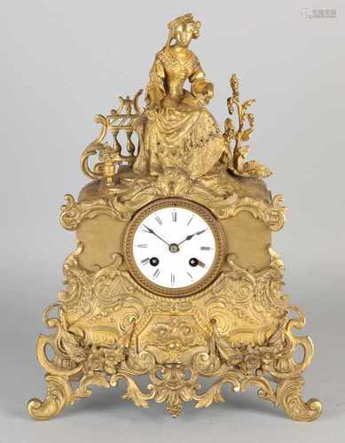 19th Century French gilt bronze mantel clock. Damage. Eight day-movement, half-hour battle, spring