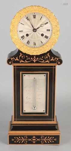 French antique mahogany Charles Dix thermometer-clock with floral marquetry and plated dial. Circa