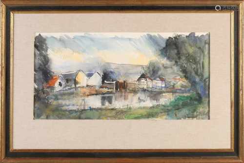 Vlaminck. 20th century. Houses in village sven. Watercolor on paper. Dimensions: H 30 x W 65 cm.