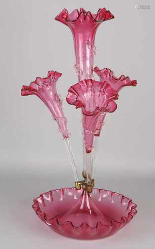 Large antique cassis-colored blown glass five-part piece environmental centerpiece. Circa 1900.