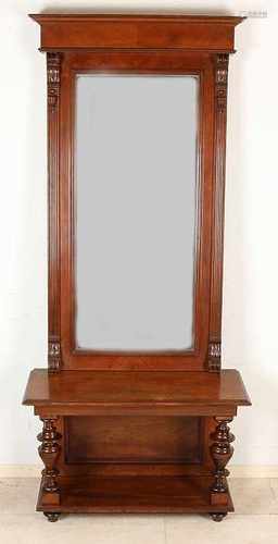 German walnut mirror with console and Snekken. Circa 1890. Gründerzeit. Size: 186 x 31 x 80 cm. In