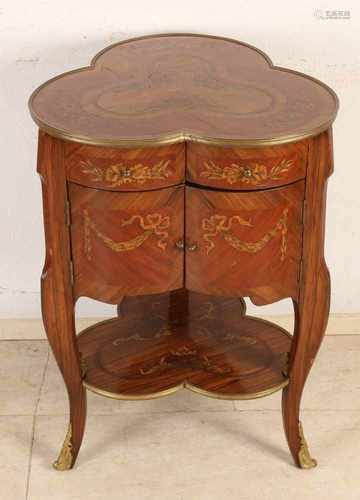 Italian walnut bar-table with liquor cellar and floral intarsia. Clover-shaped. Second half 20th