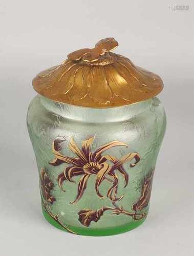 Glass Art Nouveau box with lid reprocessed flowers and gilded brass lid topped with a butterfly.