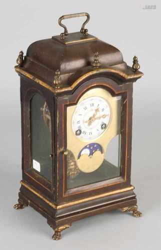 19th Century French table clock with polychrome-half hour battle, moon phase and spring roll.