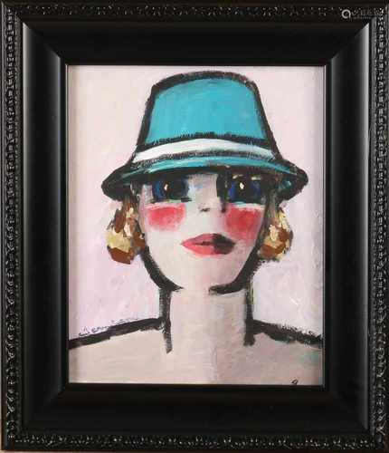 Jean Leon. Belgian School. Lady with hat. Oil paint on panel. Size: 25 x H B 20 cm. In good