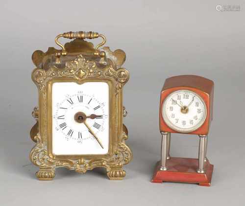 Two antique brass French travel alarm clocks. Circa 1900 - 1920. Should be checked. Size: H 9-12 cm.