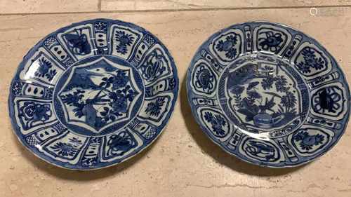 Two 17th century Chinese porcelain Wanli signs grasshopper wings and decor. Both hairline. Size: ø