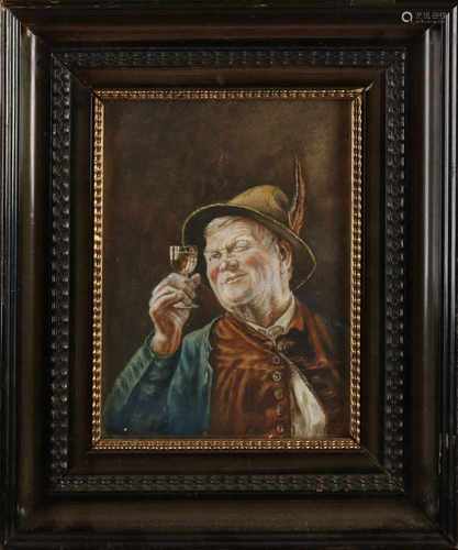 Unclear signed. German School. Circa 1900. Tyrolean man with wineglass. Watercolor on paper. Size: