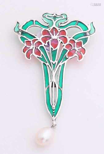 Silver brooch / pendant, 925/000, with inlays and pearl. Brooch in Art Nouveau style with flowers