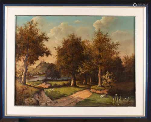 J. Raamsdonk. 20th century. German landscape with river and castle. Something crackled. Oil on