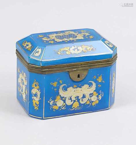 19th Century blue glass lid box with gold floral decorations. Moser possible. Hairline in soil.