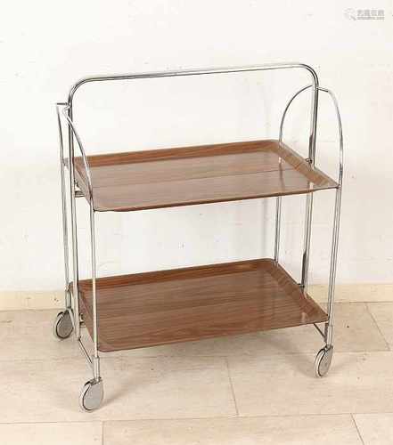 50-Year tea trolley on wheels. Chrome. Foldable. Size: 80 x 70 x 36 cm. In good condition.