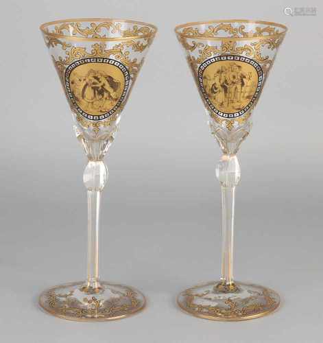 Two large 19th century crystal glasses with figures / vines and gold decor. Size: H 25 cm. In good