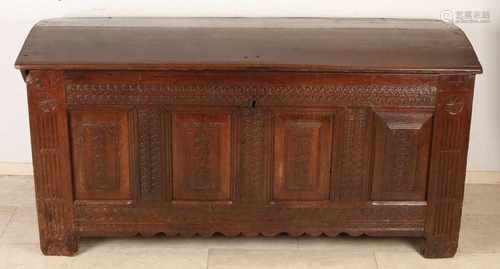 Large oak blanket chest with score cut. Monogrammed and dated 1762. Original lock. Size: 74 x 156