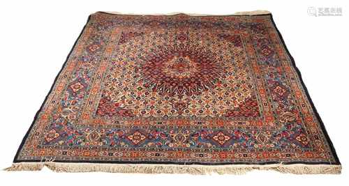 Large multi-colored fine-knotted Persian rug with floral decor. Size: 208 x 208 cm. In good