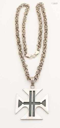 Silver necklace with cross, 925/000, King necklace with Byzantine cross with black inlays. Collier