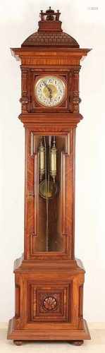 German Gründerzeit walnut grandfather clock with tiled roof and undetected movement. Weekly Runner-