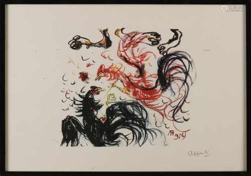 Affandi 1907-1990. Ruffs fighting. Lithograph on paper. Size: 33 x H, B 47 cm. In good condition.