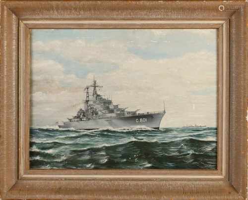 Unsigned. 50-years. Verso J.H. Baker. Dutch frigate. H.M.S. de Ruyter 1953. Oil on panel. Size: 36 x