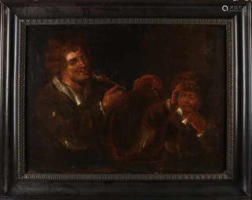 Unsigned 18th century paintings two figures scraping stoneware terrine empty, 56x77 cm painting is