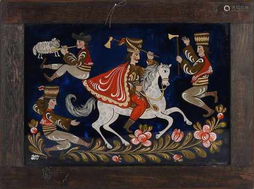 Russian behind-glass painting in oak frame. Hussars. 20th century. Size: 25 x H B 34 cm. In good