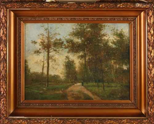 Unclear signed. Circa 1900. Dutch school. Hiker on path. Oil paint on panel. Dimensions: H 40 x W 52