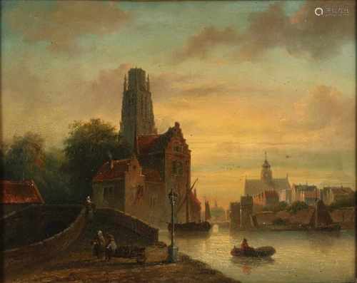 Unsigned. 19th century. Dutch School. Havengezicht with figures and rowing boat. Crackle. Oil