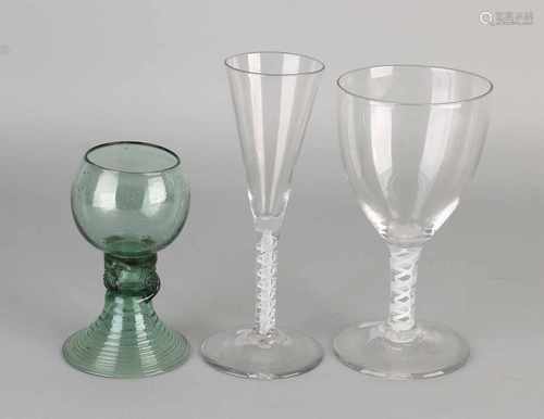 Three 18th century glass. Consisting of: Roemer with studs, hair crack foot. Garland flute well.