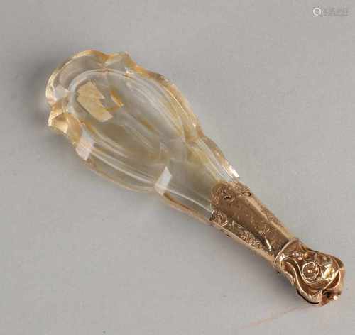 Loderein crystal bottle with gold cap and collar, 585/000. Reclining pear-shaped molded bottle