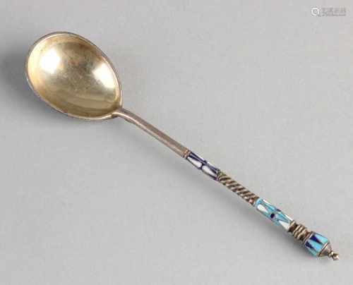 Silver spoon, 84 zolotniks adorned with enamel. Spoon with enamel decoration on the back of the