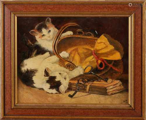 To Henriette Ronner. Second half 20th century. Cats playing with keys. Oil paint on panel. Size: