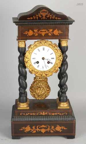 Antique French Louis Philippe column clock with intarsia, floral. Dial damaged. Otherwise in good