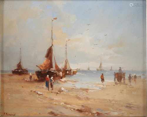 P. Renard Hollands beach scene with fishing boats and fishing minority oil on wood panel. 20x26 cm