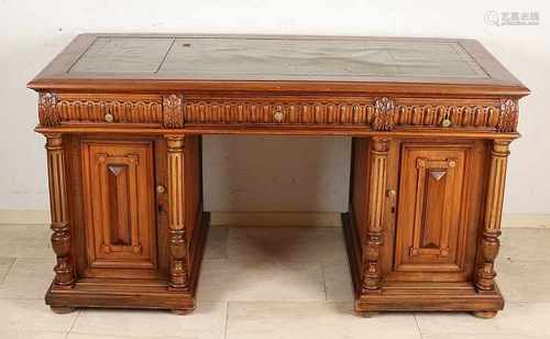 Antique walnut schrijfsecretaire with full columns and green writing surface. Circa 1880.