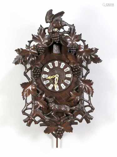 Large 19th century walnut Black Forest cuckoo clock with grapevines, fox and birds. Circa 1870.