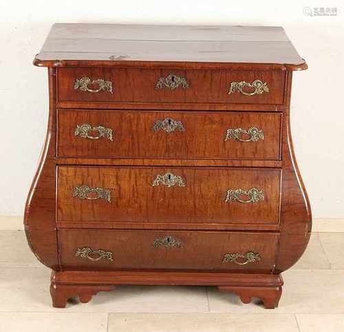 Dutch mahogany Louis XV commode with brass fittings. curved sides. Unrestored. Size: 82 x 83 x 52