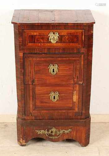 18th Century walnut veneered chest of drawers with bronze fittings and intarsia. Unrestored. Size: