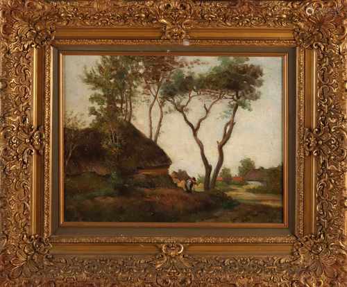 Ant. Beek. Circa 1920. Drenthe farm with farmer. Oil on linen. Size: 37 x H, B 47 cm. In good