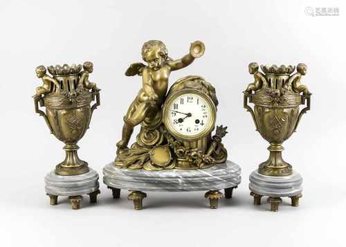 Three-piece antique French clocks couple with drummer pendulum. Approximately 1880. Composition