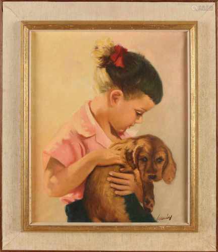 Unclear signed. 20th century. Girl with dog. Oil on linen. Size: B H 50 x 40 cm. In good condition.