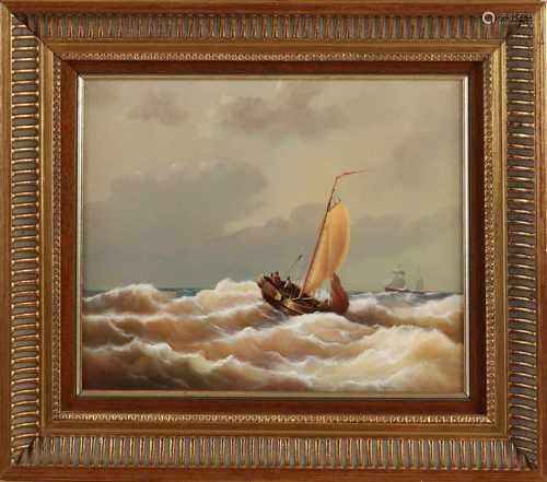 W. Rosenberg. Second half 20th century. Fishing boat on rough seas. Oil paint on panel. Size: 20 x H