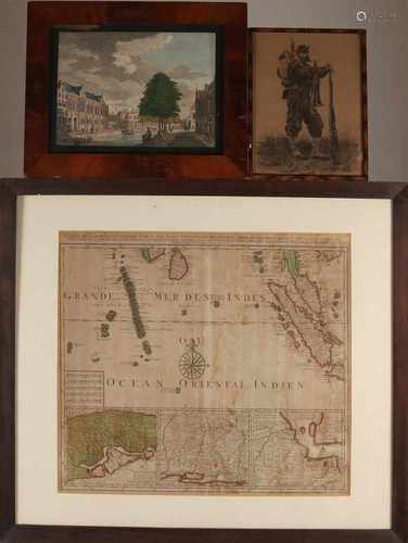 Two engravings + map. Map, 18th century, the Grande mer Indes, Amsterdam di B. Elwe. 18th Century