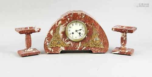 Antique French red marble Art Deco clocks couple with candleholders. Circa 1920. Eight day-movement,