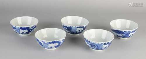 Five Chinese porcelain bowls with figures in landscapes decor. Size: 5.5 - 12 cm. In good